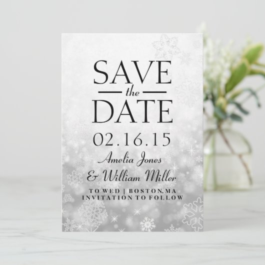Save the Date Gray Sparkle Snowflake (Stehend Vorderseite)