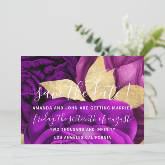 Save the Date Gray Wreath Gold Lila Rose (Stehend Vorderseite)