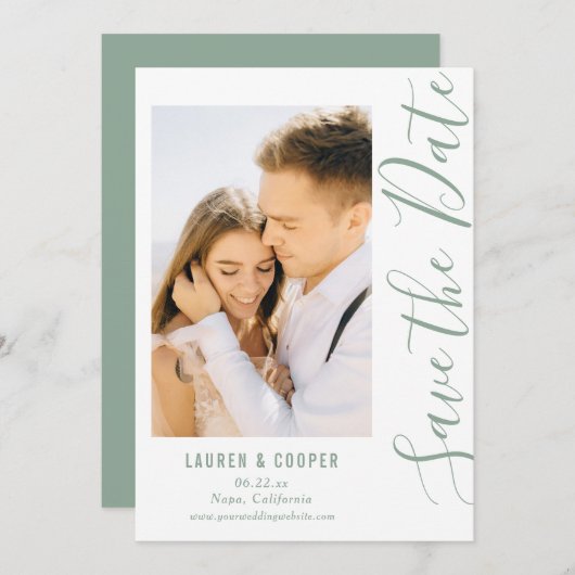 Save the Date Green Stilschrift Modern Wedding (Vorne/Hinten)