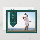 Save the Date Green und Gold Frame Postcard Ankündigungspostkarte (Vorne/Hinten)