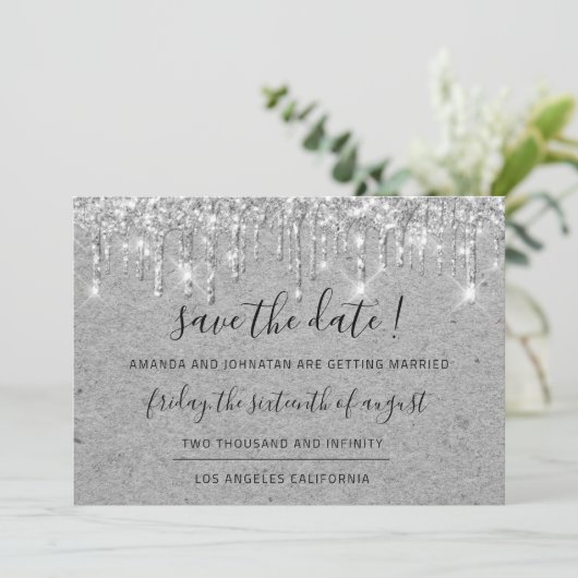 Save the Date Grey Kraft Silver Tropfens Glitzer (Stehend Vorderseite)