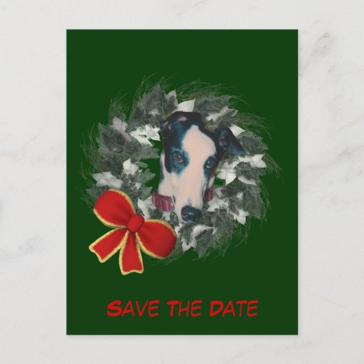 Save the Date Greyhound Wreath Holiday Ankündigungspostkarte (Vorderseite)