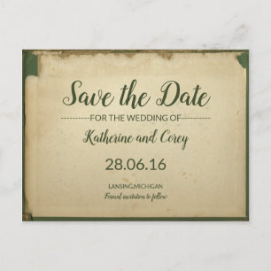 Save the Date Grün/Beige-Hochzeitskleid Postkarte