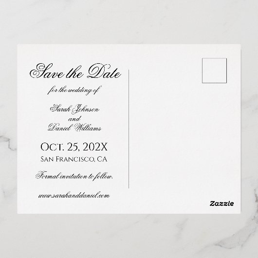 Save the Date Grün Foto in Bogenschrift Gold anzei Folie Einladungspostkarte (Rückseite)