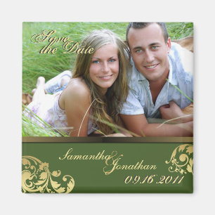 Save the Date Grün u. Goldschimmer-Blumenmagnet Magnet