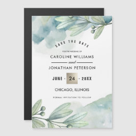 Save The Date. Grüne Blaue Botanische Hochzeit Magneteinladung