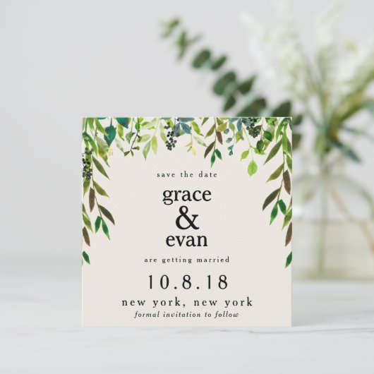 Save the Date Grüner Blumenleaf Olive Wreath Einladung (Stehend Vorderseite)