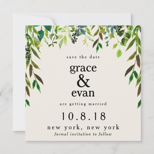 Save the Date Grüner Blumenleaf Olive Wreath Einladung (Vorderseite)