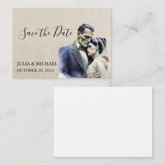 Save the Date Halloween Frankenstein Bride Mitteilungskarte (Vorne/Hinten)