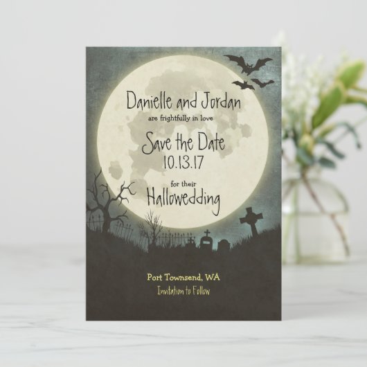 Save the Date Halloween Hochzeit - Mond, Friedhof (Stehend Vorderseite)