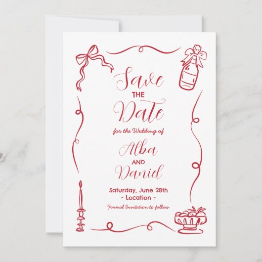Save the Date Hand gezogen Illustriert Whimsical (Vorderseite)