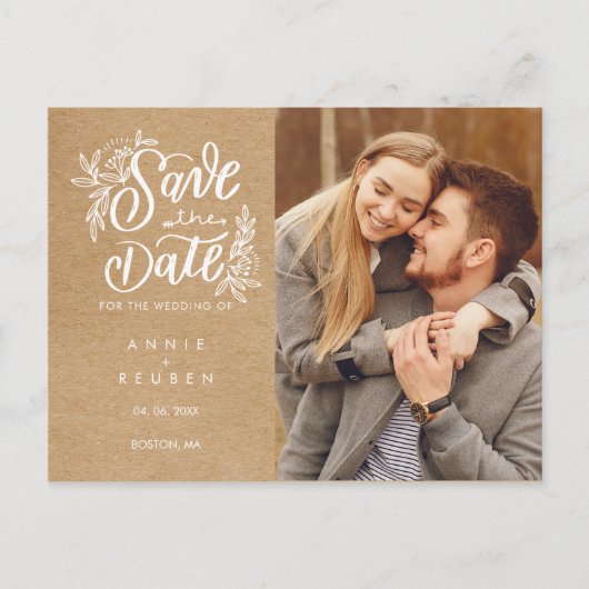 Save the Date Handschrift Foto Rustic Kraft Ankündigungspostkarte (Vorderseite)