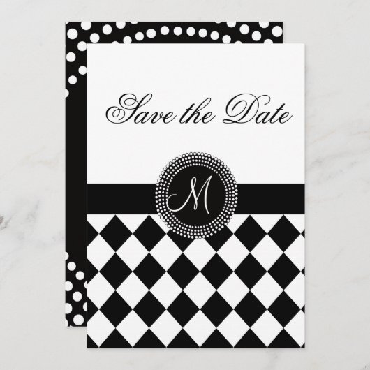 Save the Date Harlequin Muster und Monogramm (Vorne/Hinten)