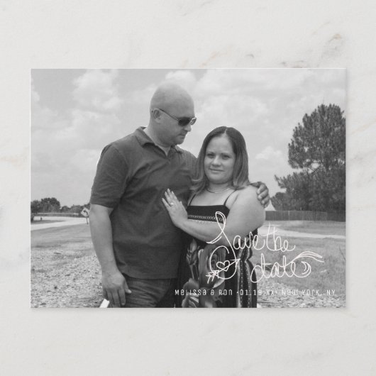 Save the Date Heart Arrow Script Hand Letter Po Postkarte (Vorderseite)