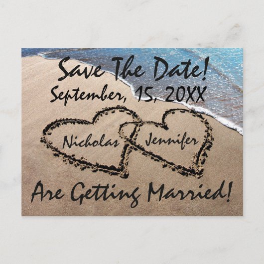 Save the Date Hearts Sand Beach Hochzeit Postkarte (Vorderseite)