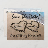 Save the Date Hearts Sand Beach Hochzeit Postkarte (Vorne/Hinten)