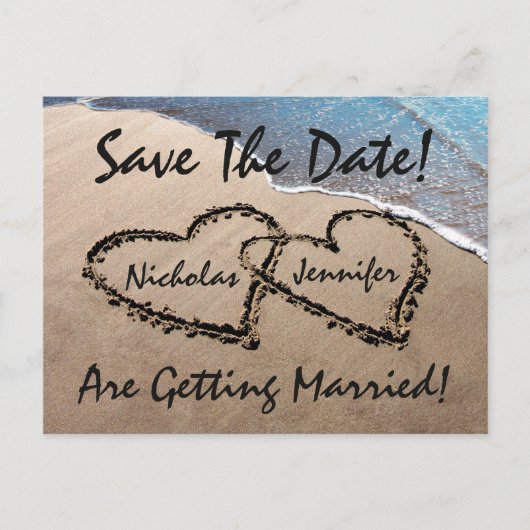 Save the Date Hearts Sand Beach Hochzeit Postkarte (Vorderseite)