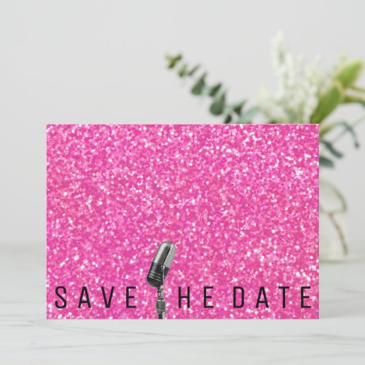 Save the Date Hellrosa Glitzer Microfone (Stehend Vorderseite)