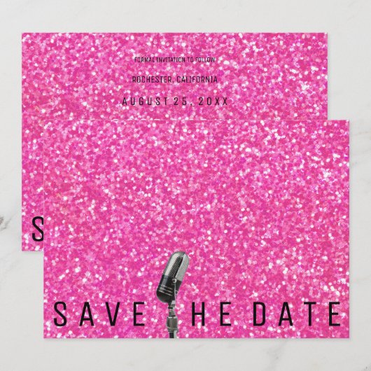 Save the Date Hellrosa Glitzer Microfone (Vorne/Hinten)