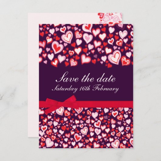Save the Date Herz & Bows lila rosa Karte (Vorne/Hinten)