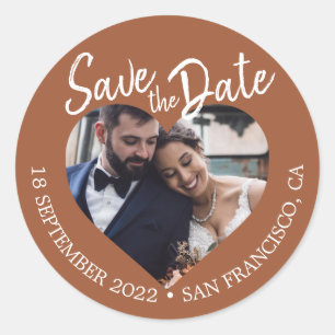 Save the Date Herz Foto TerraCotta Runder Aufkleber