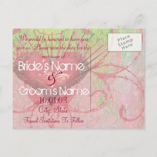 Save the Date - Herz und Wirbel Ankündigungspostkarte (Rückseite)