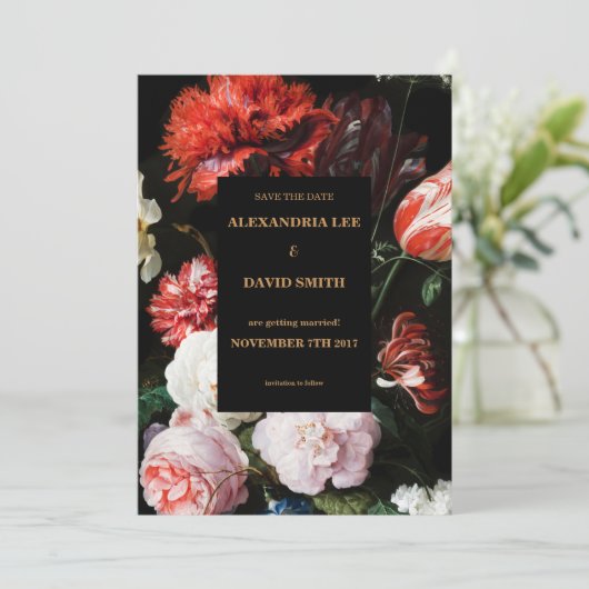 Save the Date Hochzeit Einladung Dunkelrote Blüte (Stehend Vorderseite)