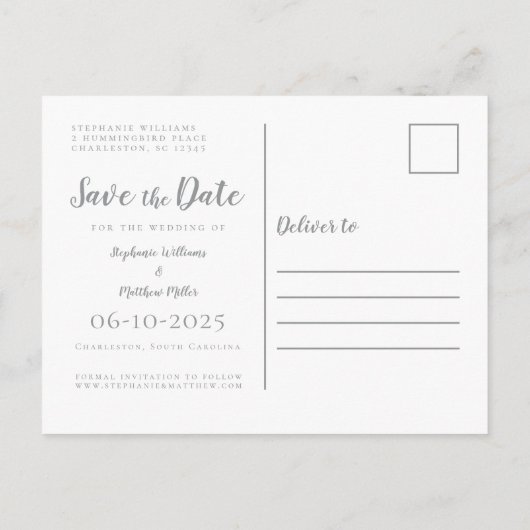 Save the Date Hochzeit Foto Grau & Weiß Modernität Ankündigungspostkarte (Rückseite)