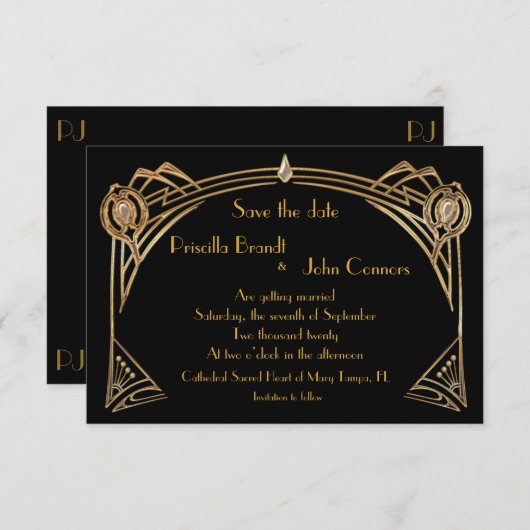 Save the Date Hochzeit, großartig Gatsby, schwarz  Einladung (Vorne/Hinten)