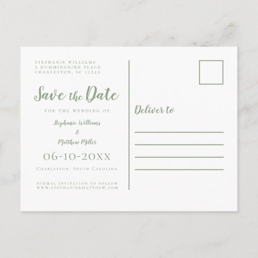 Save the Date Hochzeit Grün & Weiß Einfache Modern Ankündigungspostkarte (Rückseite)