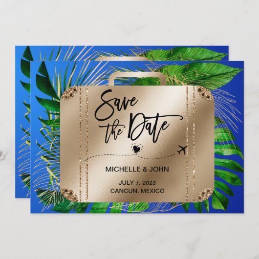 Save the Date Hochzeit in Urlaubsort Reisekoffer (Vorne/Hinten)