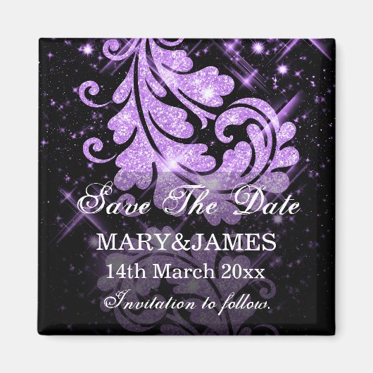 Save the Date Hochzeit Lila Glitzer Blumenbäume Wi Magnet (Vorne)