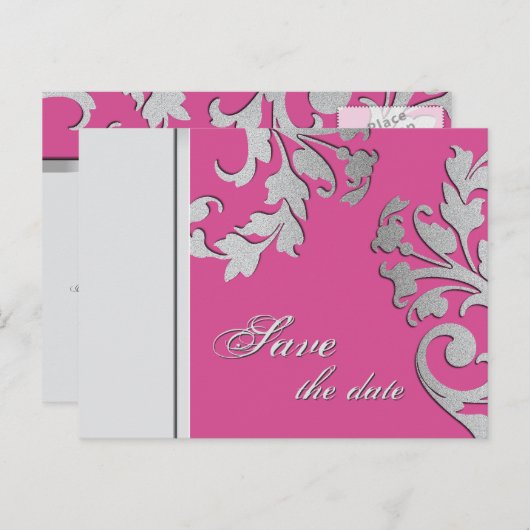 Save the Date Hochzeit Postkarte Fuchsia Pink Silv (Vorne/Hinten)