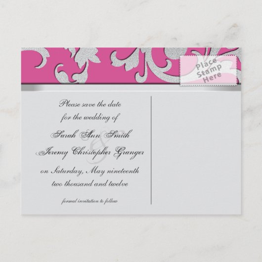 Save the Date Hochzeit Postkarte Fuchsia Pink Silv (Rückseite)