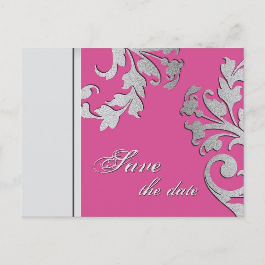 Save the Date Hochzeit Postkarte Fuchsia Pink Silv (Vorderseite)