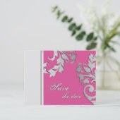Save the Date Hochzeit Postkarte Fuchsia Pink Silv (Stehend Vorderseite)