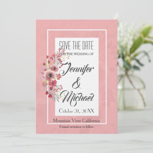 Save the Date Hochzeit Rosa Blume Elegant Schlicht (Stehend Vorderseite)