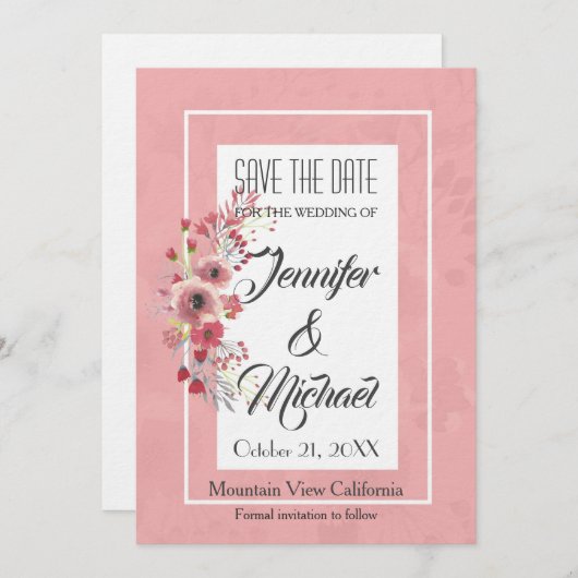 Save the Date Hochzeit Rosa Blume Elegant Schlicht (Vorne/Hinten)