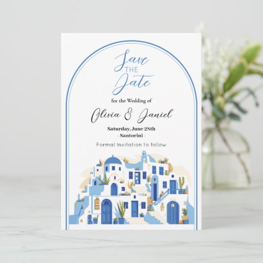Save the Date Hochzeit Santorini Griechenland Blue (Stehend Vorderseite)