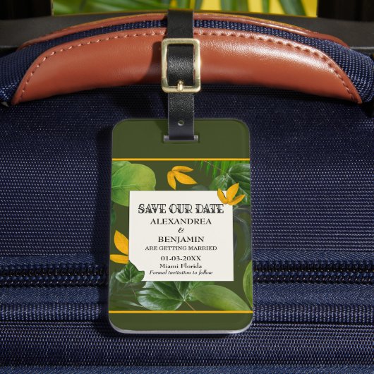 Save the Date Hochzeit tropischer Palmen Gepäckanhänger (Vorderseite Insitu 2)