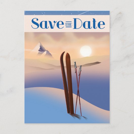 Save the Date Hochzeit Vintag Ski Postkarte (Vorderseite)