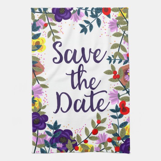 Save the Date Hochzeit Vintages Blumenriff Geschirrtuch (Vertikal)