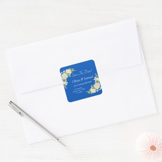 Save the Date - Hochzeit von Cobalt Blue & White R Quadratischer Aufkleber (Umschlag)