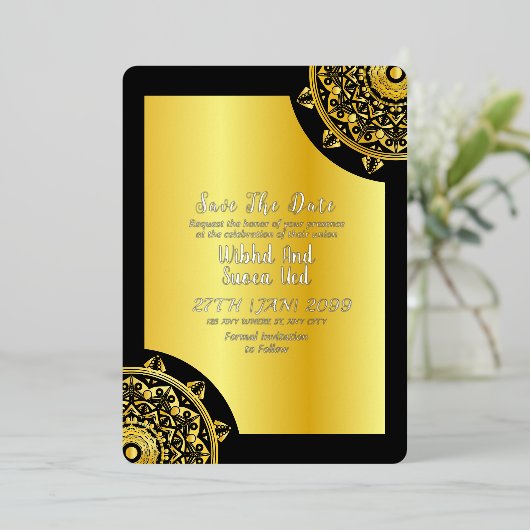 Save the Date Hochzeiten in Gold und Schwarz Folieneinladung (Stehend vorne)