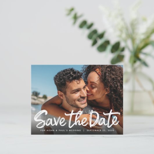 Save the Date Hochzeithandgeschriebene Script-Foto Postkarte (Stehend Vorderseite)