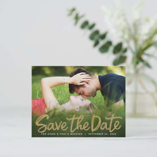 Save the Date Hochzeithandgeschriebene Script-Foto Postkarte (Stehend Vorderseite)