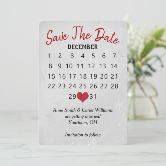 Save the Date Hochzeitkalender Silberschneeflocken Einladung (Stehend Vorderseite)