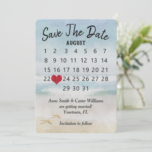 Save the Date Hochzeitkalender Strandfisch Einladung (Stehend Vorderseite)