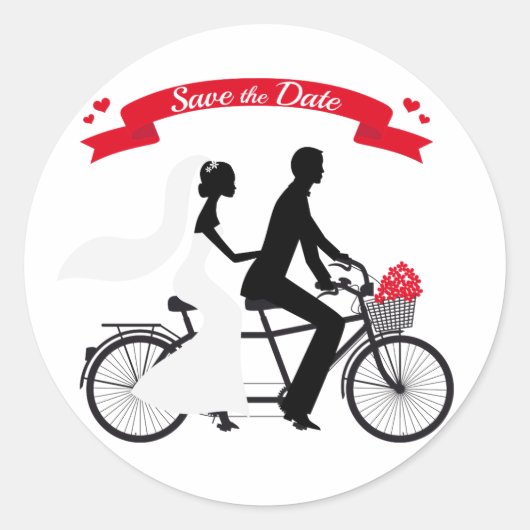 Save the Date, Hochzeitseinladung Tandemfahrrad Runder Aufkleber (Vorderseite)