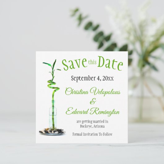 Save the Date Hochzeitserklärung Lucky Bamboo Ankündigung (Stehend Vorderseite)